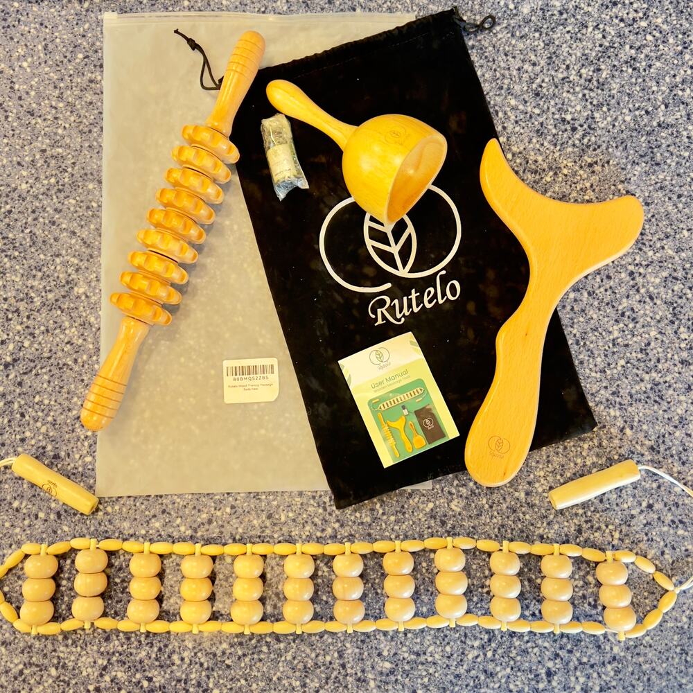 Wood Massage Tool Set w/ 4 Specialty Pieces Sample Oil and Carry Bag Cellulite